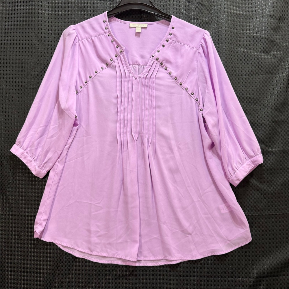Woman Within Tunic Top Womens Size L Lavender Studded Pintuck 3/4 Sleeve Casual